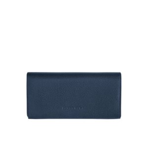 Portfele Longchamp Long Continental Skórzane Granatowe | 8261-EMNGI