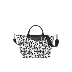 Torebki Longchamp M Płócienne Czarne Białe | 8051-DVUBC
